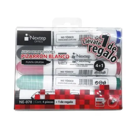 [NE-078] Juego Marcador Nextep para Pizarrón Blanco 4 Colores Punta Gruesa Cincel 4mm - [NE-078]