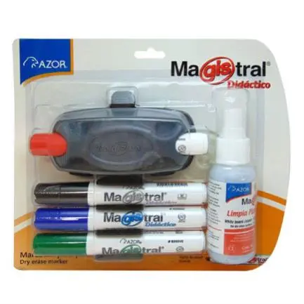[8350-K] Estuche C/4 Marcadores Magistral Didáctico P/Pizarrón Blanco Colores Surtidos C/Borrador+Limpiador - [8350-K]