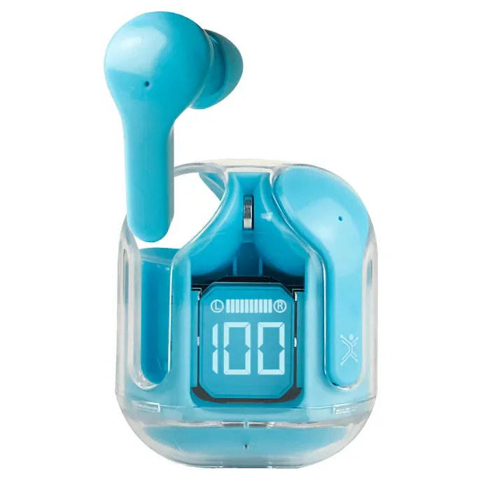 [PC-117032] Audífonos Inalámbricos Perfect Choice TWS Estuche Transparente ClearBeat con Indicador de Carga Color Azul - [PC-117032]